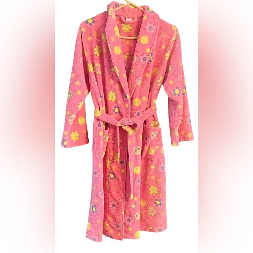 Girl's Ivy & Moon Vibrant Pink Peace Sign and Floral Print Sleepwear Robe